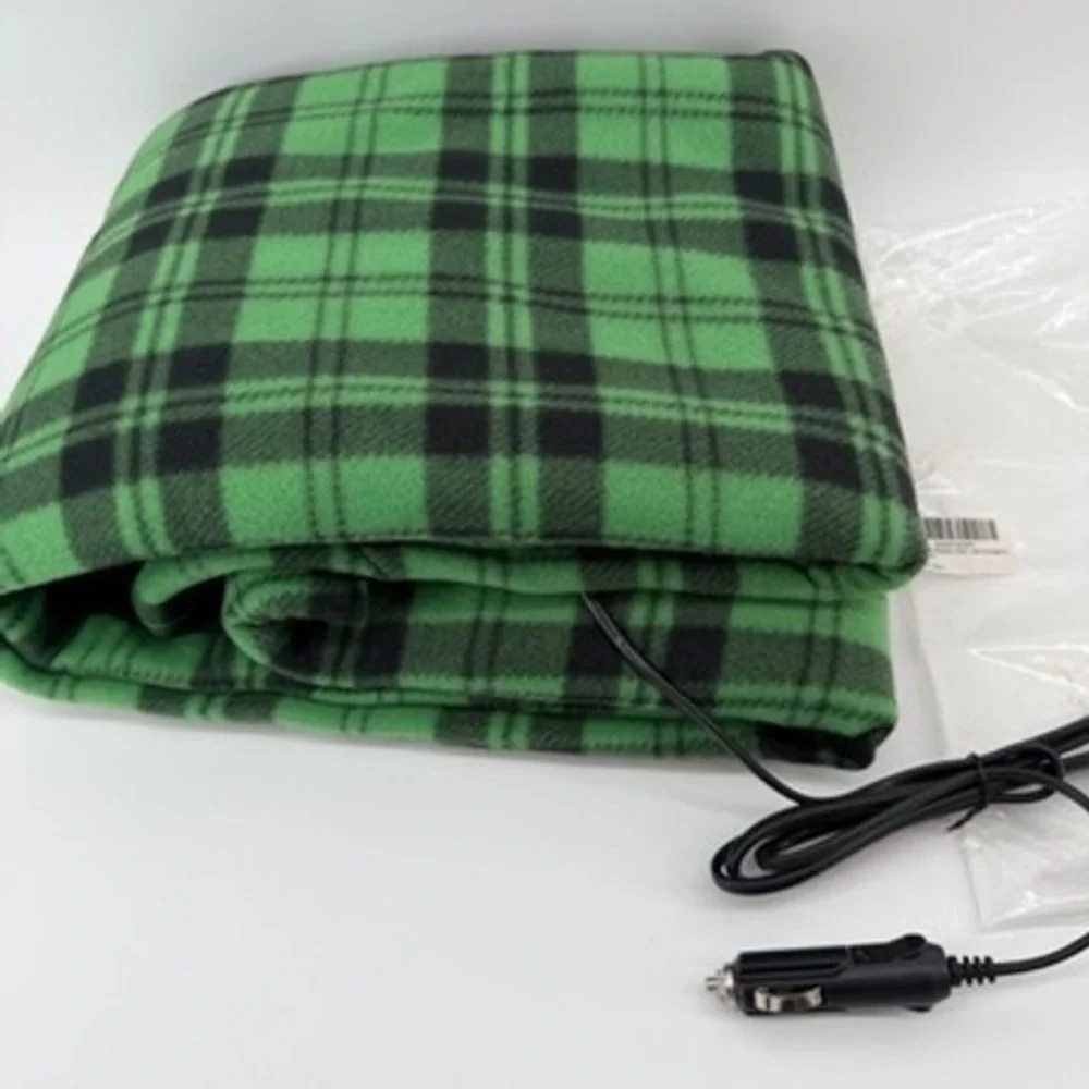Unbranded Electric Car Blanket 12V Heated Fleece Travel Throw Green Black Plaid - Picture 1 of 3
